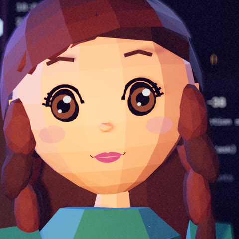 Maya, a low-poly 3D woman with long brown hair and a teal top